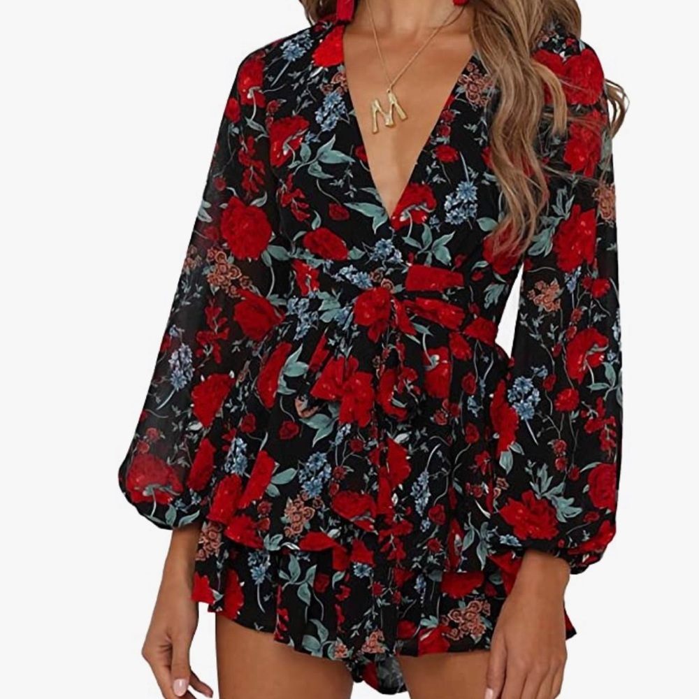Red/black floral ruffle romper dress; Size L